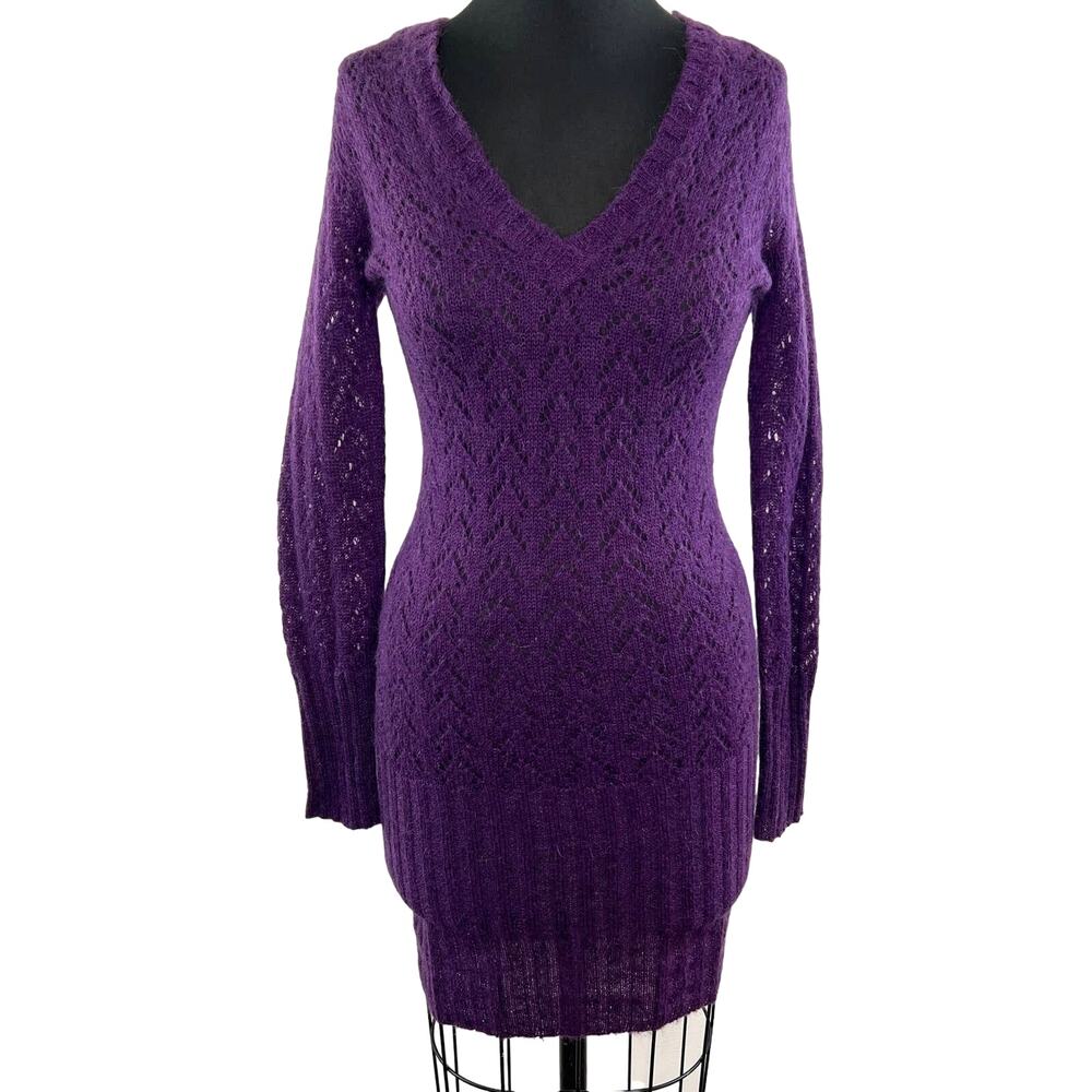 JESSIE MAY Purple Long Sleeve V-Neck Kid Mohair Wool Blend Sweater Dress Size 2